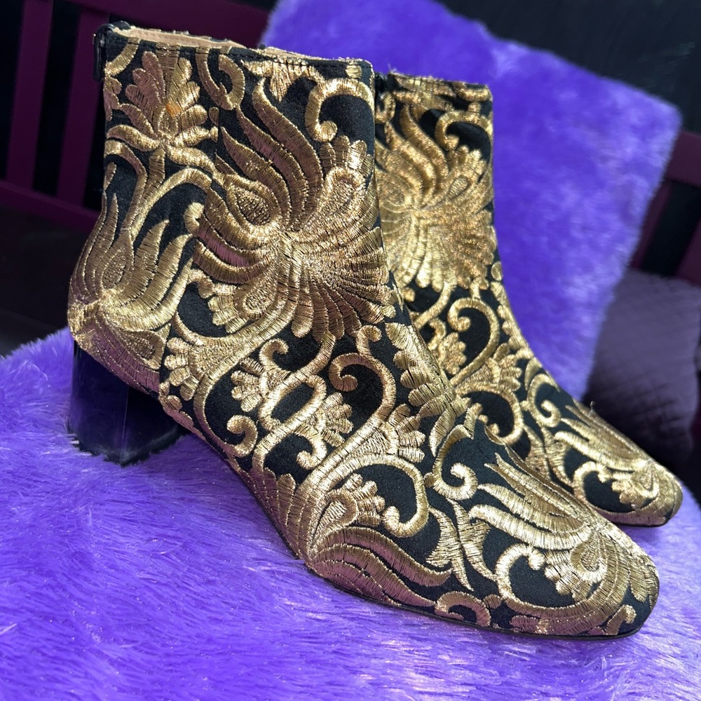 Tory Burch Carlotta Embroidered Elegant Gold and Black Ankle Boots